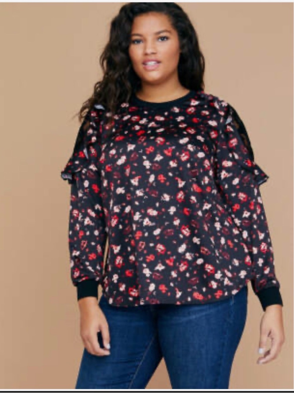 Lane Bryant Black Floral Lace-Shoulder Long Sleeve Top 26/28 NWT
